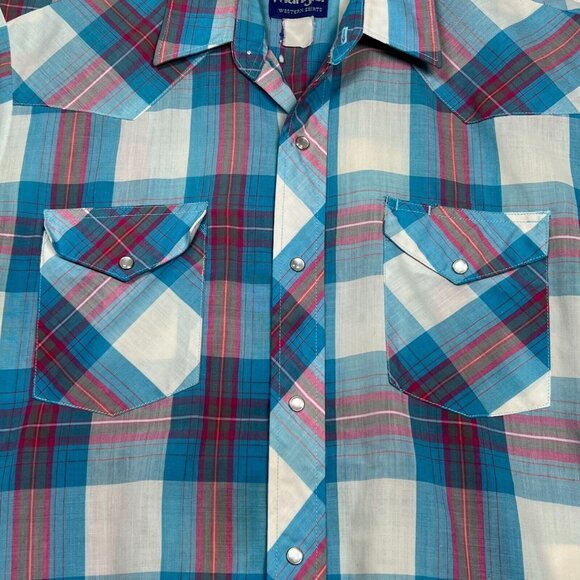 Wrangler Mens Med‎ Western Pearl Snap Short Sleeve Shirt Blue Red Plaid Grandpa - Picture 9 of 13